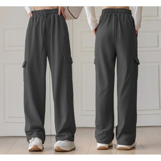 Quần Suông nữ Túi Hộp Chất vải kaki Thoáng Khí, Lưng Chun Cạp Cao, có dây lưng dáng Quần ồng rộng nữ cá tính mã 805
