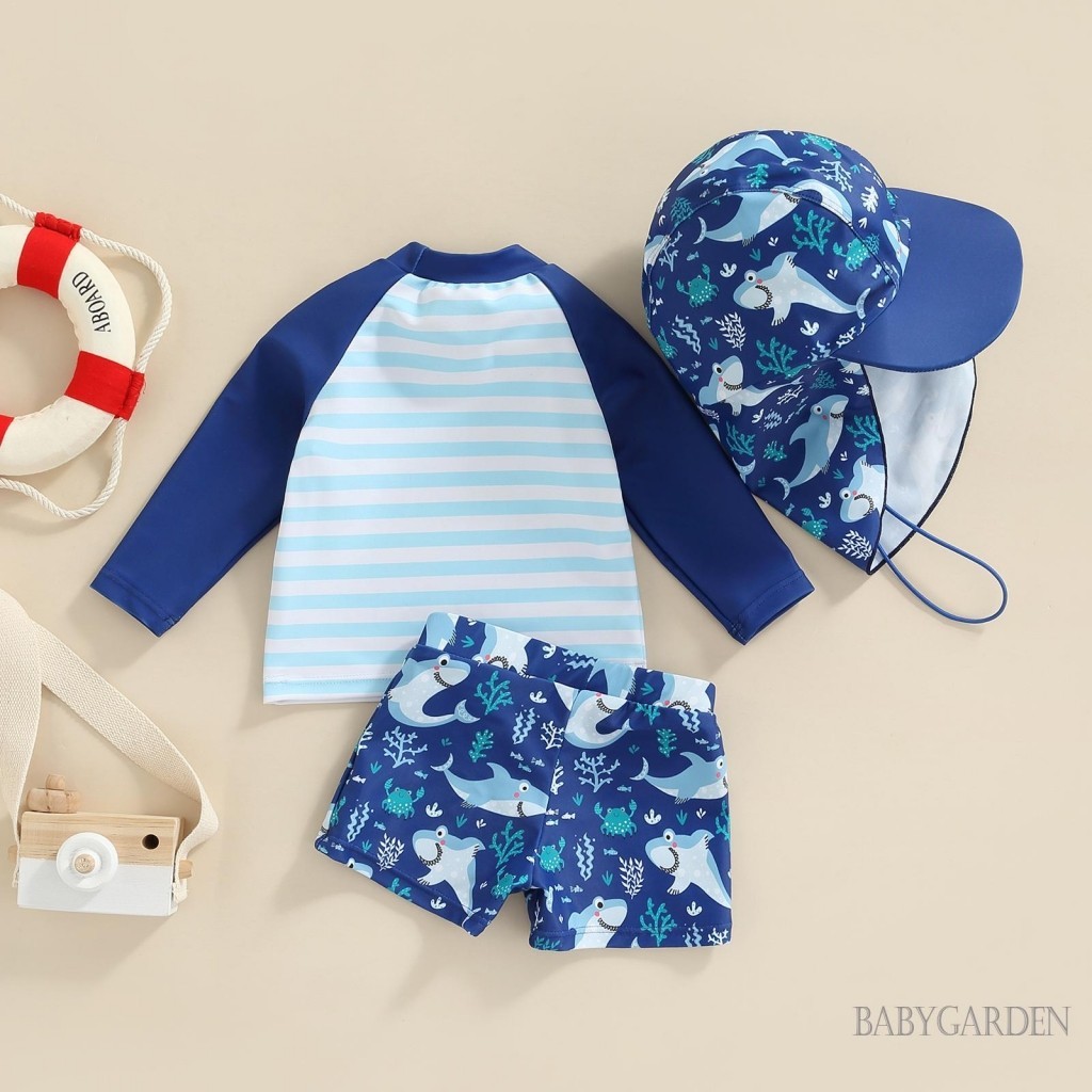 Baga-6tháng-4years Kid Boy 3 Bộ Đồ Bơi Hoạt Hình Sọc Cá Mập In Hình Mùa Hè Đi Biển Dài Tay Áo + Quần Short + Mũ Đi Biển