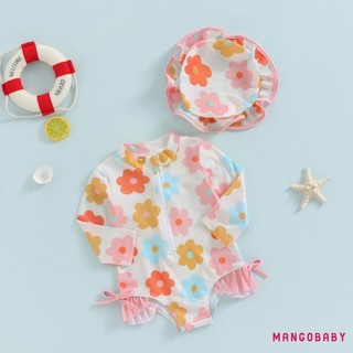 Mg-baby Girl Rash Guard Đồ Bơi Mùa Hè In Hoa Dây Kéo Đồ Bơi Và Mũ Chống Nắng Bộ Đồ Tắm Tập Đi Biển
