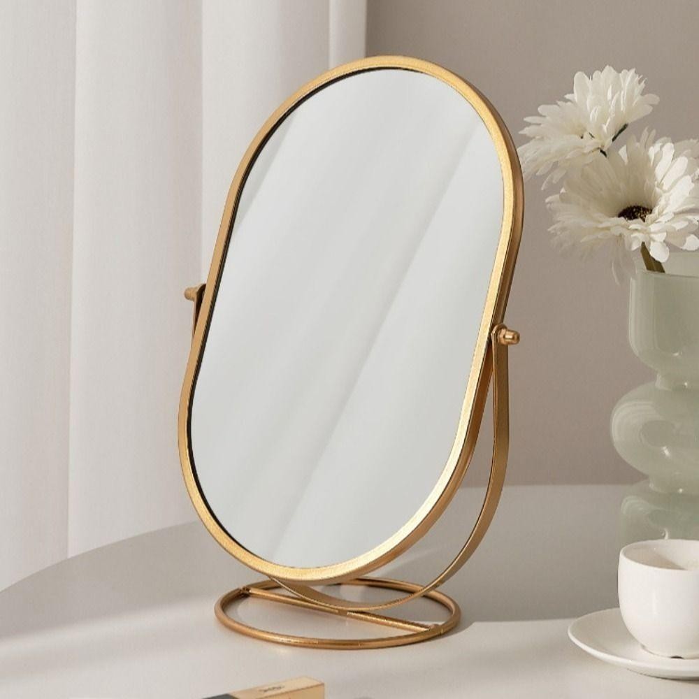 Gương trang điểm FUHUIOT, 360° Gương trang điểm hình bầu dục có thể xoay được, Công cụ trang điểm Khung sắt Trang trí nhà cửa Đơn giản để bàn Gương đứng TableTop