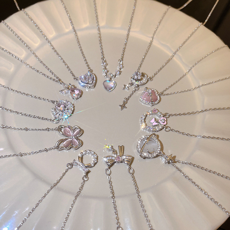 Vòng cổ mặt dây chuyền Zircon tình yêu màu hồng cho bé gái Phụ kiện trang sức thời trang phong cách Hàn Quốc
