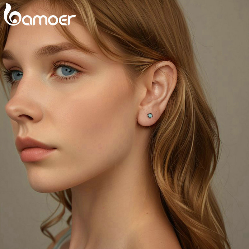 Bamoer 925 Sterling Sliver Bông Tai Thiết Kế Amazonite Trang Sức Quà Tặng Cho Nữ