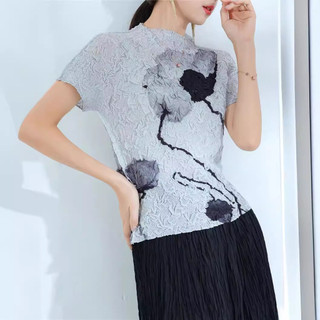 Miyake Slim-fit Cổ Tròn Ngắn Tay Phong Cách Trung Hoa Xếp Ly Đáy Top Nữ Xuân Hè Phong Cách Mới Màu Sắc Tương Phản Quần Áo Xếp Ly