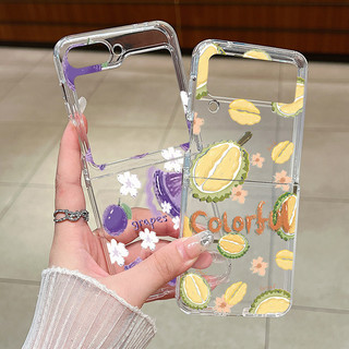 Hoa Văn In Hình Trái Cây Trong Suốt Silicon Mềm Vỏ Điện Thoại Cho Samsung Galaxy Z Flip 6 5 4 3 Flip6 Flip5 Flip4 Khóa Kim Loại Gấp Bao