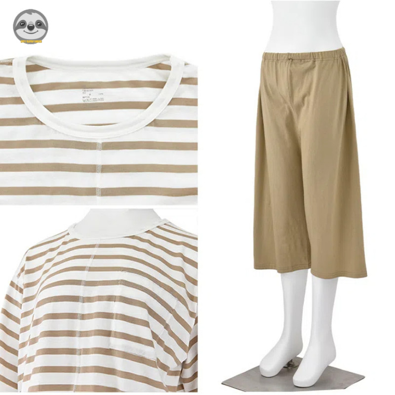 Phong cách Nhật Bản Muji Style / Bộ đồ ngồi ngắn tay Tianzhu Cotton liền mạch / Bộ đồ ngủ Cotton sọc nguyên chất / Bộ đồ ngủ cặp đôi thoáng khí