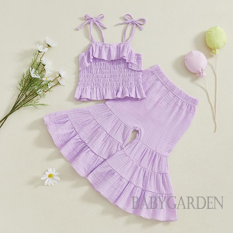 Bộ bé gái 6M-6Y, Dây đeo viền không tay Camisoles + Dây thắt lưng co giãn Quần loe mùa hè