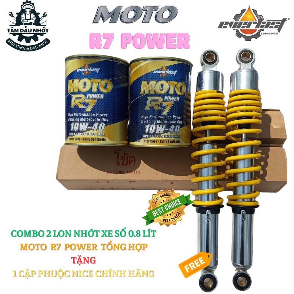 [Combo] 2 Lon Dầu Nhớt MOTO R7 10W40 0.8L, Tặng 1 cặp phuộc NICE thái