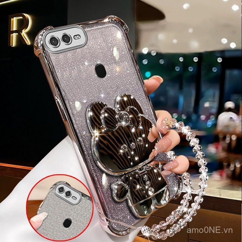 Ốp điện thoại cho oppo a5s oppo a12 oppo A7 a3s a12e F9, ốp điện thoại màu hồng lấp lánh, chống sốc, gương trang điểm thỏ có giá đỡ, silicone TPU mềm XXXDA