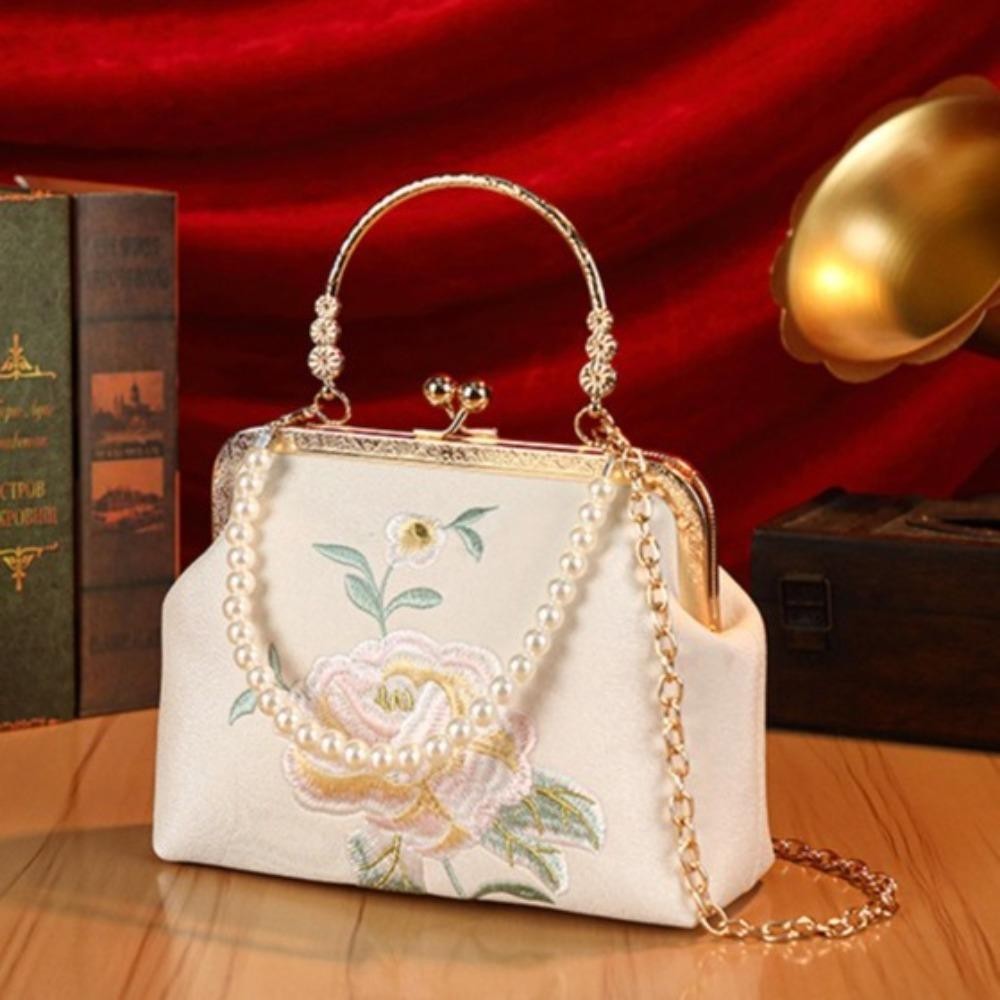 Túi tiệc GUSTAVA, Túi Qipao dung tích cao phong cách, Túi đeo vai thêu tay cầm ngọc trai hợp thời trang phổ biến dành cho nữ
