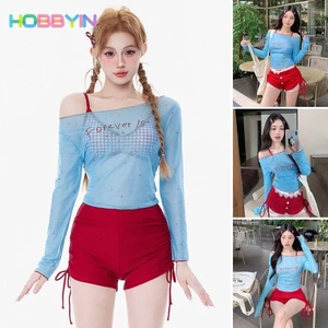 Hobbyin 4 Cái / bộ Bikini, Đồ bơi nữ thêu màu xanh Y2k, Áo Crop top chống nắng mùa hè