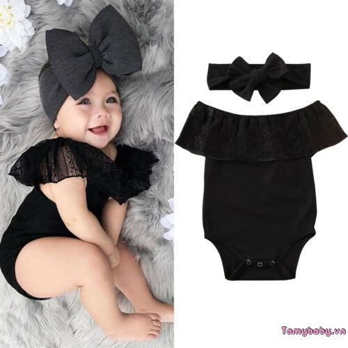 Bộ áo liền quần ren lệch vai cho bé gái + Băng đô nơ