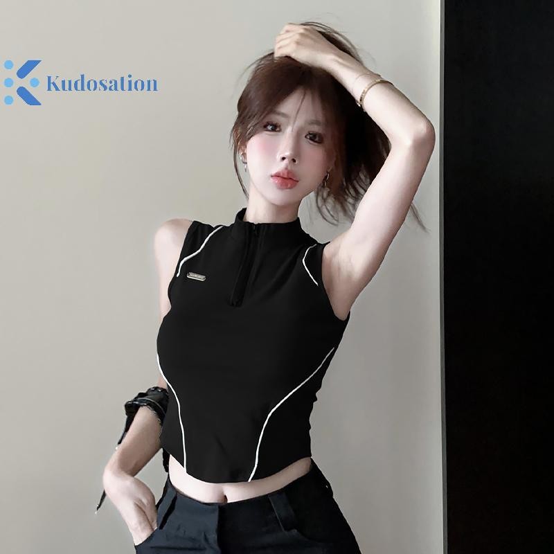 Kudosation Thời Trang Mỹ Nửa Khóa Kéo Đứng Cổ Chắp Vá Không Tay Slim Tank Top Nữ Crop Top Đẹp