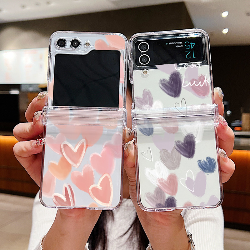 Ốp điện thoại trong suốt họa tiết tình yêu đầy màu sắc cho Samsung Galaxy Z Flip 6 Flip 5 Flip 4 5G Full Bản lề PC cứng gấp cho Samsung Z Flip 6 5 4 3