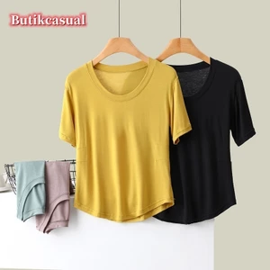 Áo thun nữ cổ chữ V tay ngắn Modal cotton trơn áo sơ mi mùa hè 2024 Áo thun thời trang mới dành cho nữ dáng ôm vừa vặn đa năng áo sơ mi giản dị