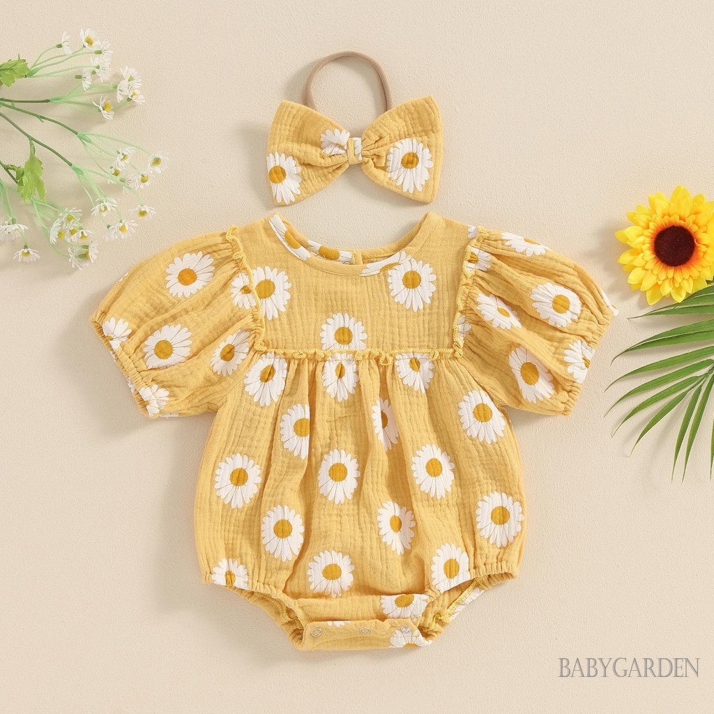 Baga-baby Bé Gái Rompers Có Băng Đô In Hoa Cúc Tay Ngắn Cổ Tròn Cho Trẻ Sơ Sinh Body Quần Áo Mùa Hè
