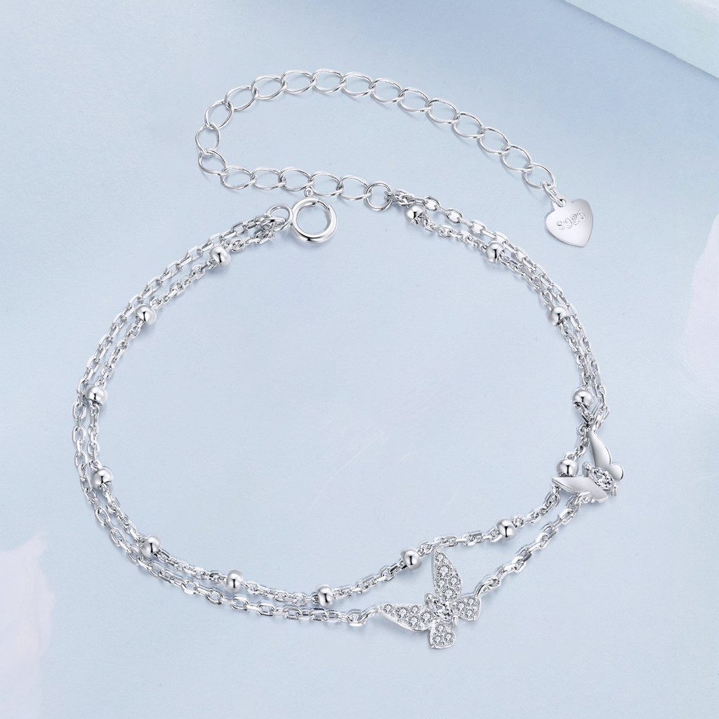 Bamoer 925 Sterling Sliver Vòng Tay Hai Lớp Bướm Vòng Tay Trang Sức Quà Tặng Cho Nữ BSB154