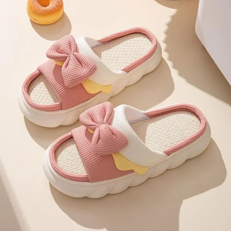 Dép Lanh Nữ Dép Đi Trong Nhà Ấm Áp Chống Trơn Trượt Nhà Giày Cotton Nơ Dễ Thương Dép Phẳng Cặp Đôi Trượt Xuân Hè