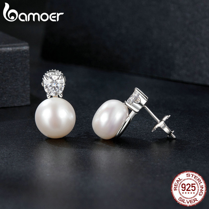 Bamoer 925 Sterling Sliver Bông Tai Moissanite Ngọc Trai Tự Nhiên Trang Sức Quà Tặng Cho Nữ