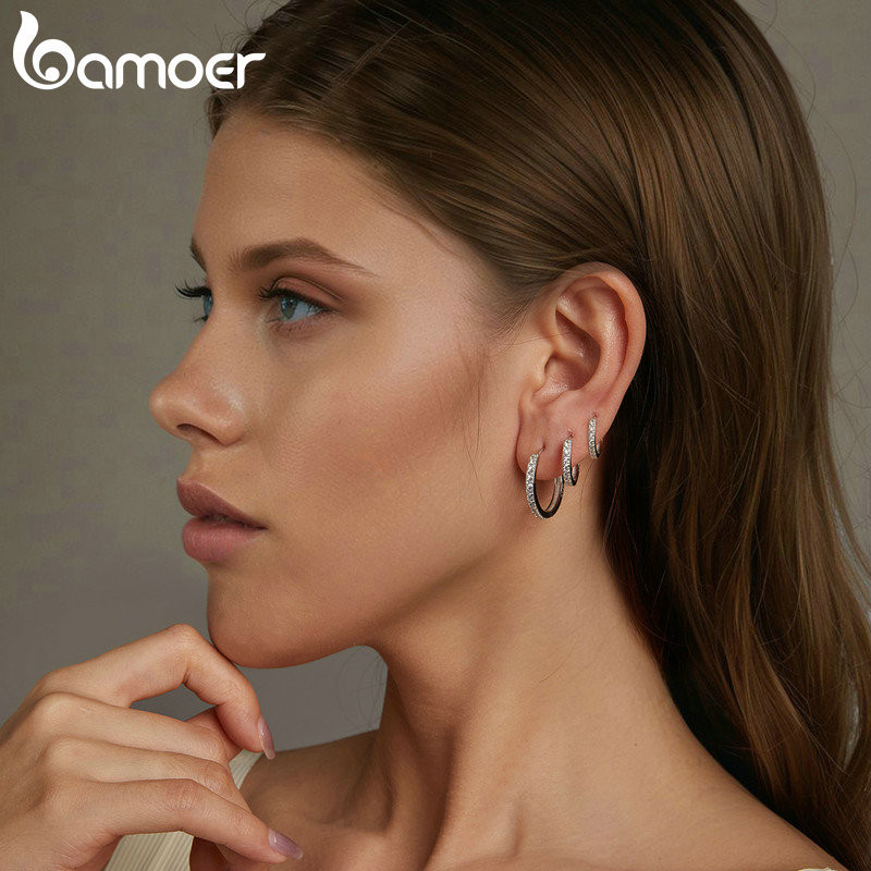 Bông tai vòng bạc Bamoer 925 lấp lánh Trang sức tối giản Quà tặng dành cho nữ