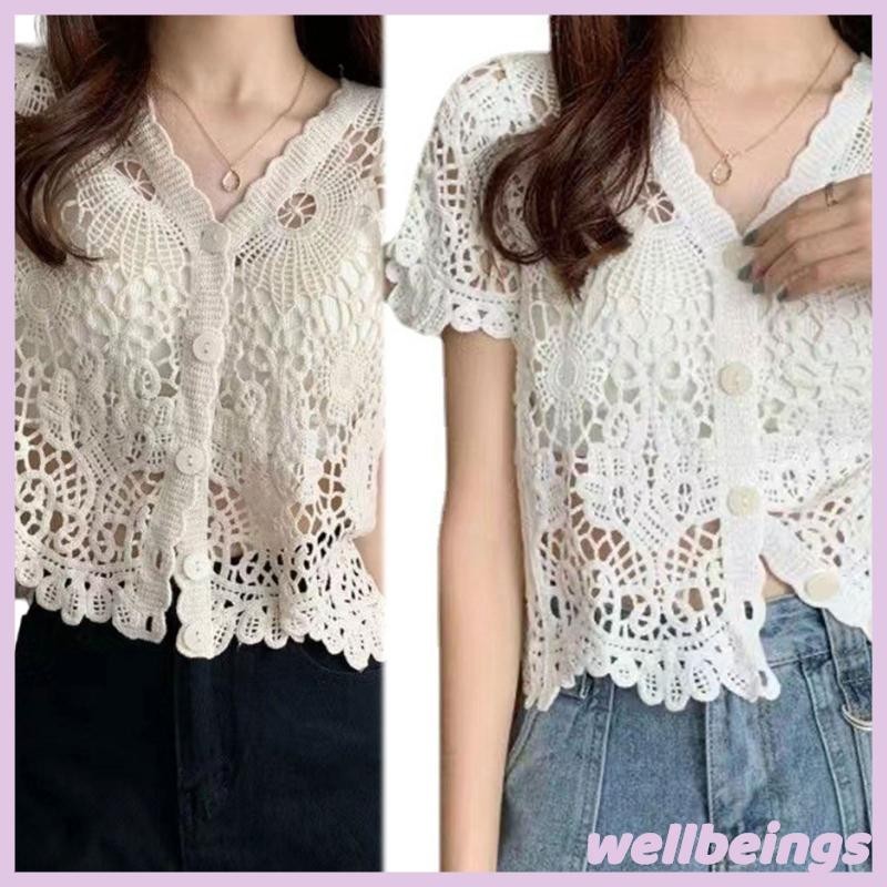 Wellb Nữ Tay Ngắn Ren Shrug Rỗng Móc Nút Sheer Crop Cardigan Cho Jack