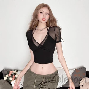 Maplepoet-Áo thun crop top màu trơn trong suốt lưới trong suốt tay ngắn cổ chữ V mùa hè thông thường