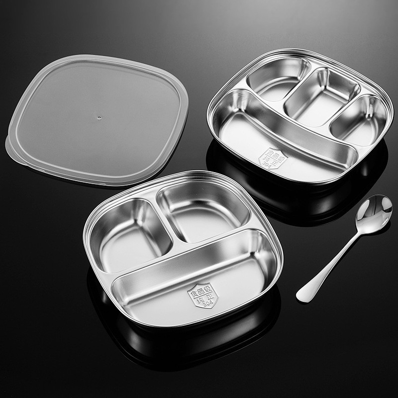 Thép không gỉ 304 Đĩa ăn tròn Lưới Đĩa thức ăn nhanh Tấm lưới Tấm định lượng Tấm lưới tròn Đĩa ăn tối cho trẻ em Hộp cơm trưa Hộp Bento tròn Hộp chia loại Hộp cơm trưa