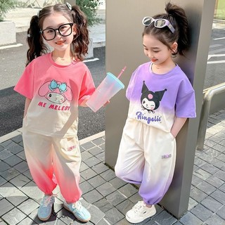 Trang phục phong cách Hàn Quốc mùa hè của bé gái Kuromi Melody 2024: Bộ áo ngắn tay và quần thường ngày có khóa màu hợp thời trang