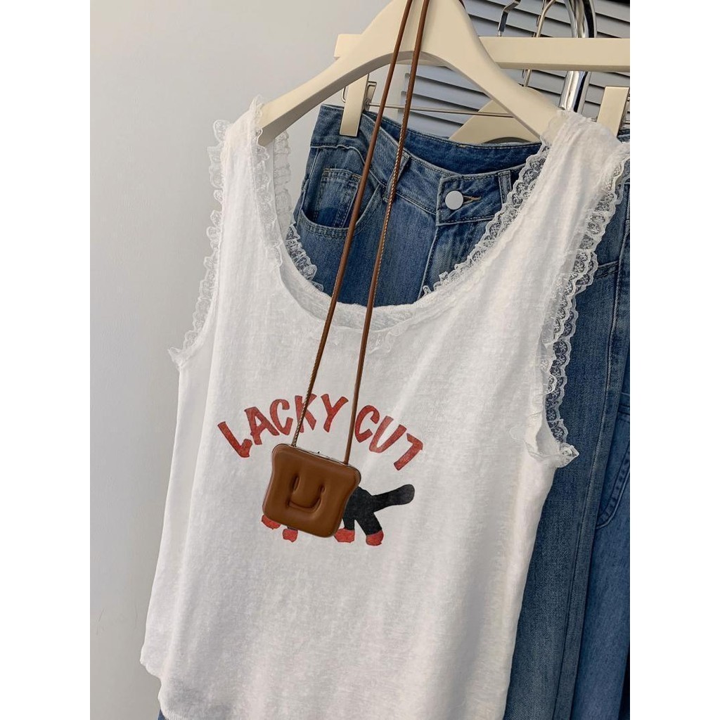 Milyfashion Loose Size Lớn Ren Trắng Khâu Sling Không Tay Top Mặc Ngoài Mèo Đen In Hình Dễ Thương Thường Ngày Phong Cách Ba Lê