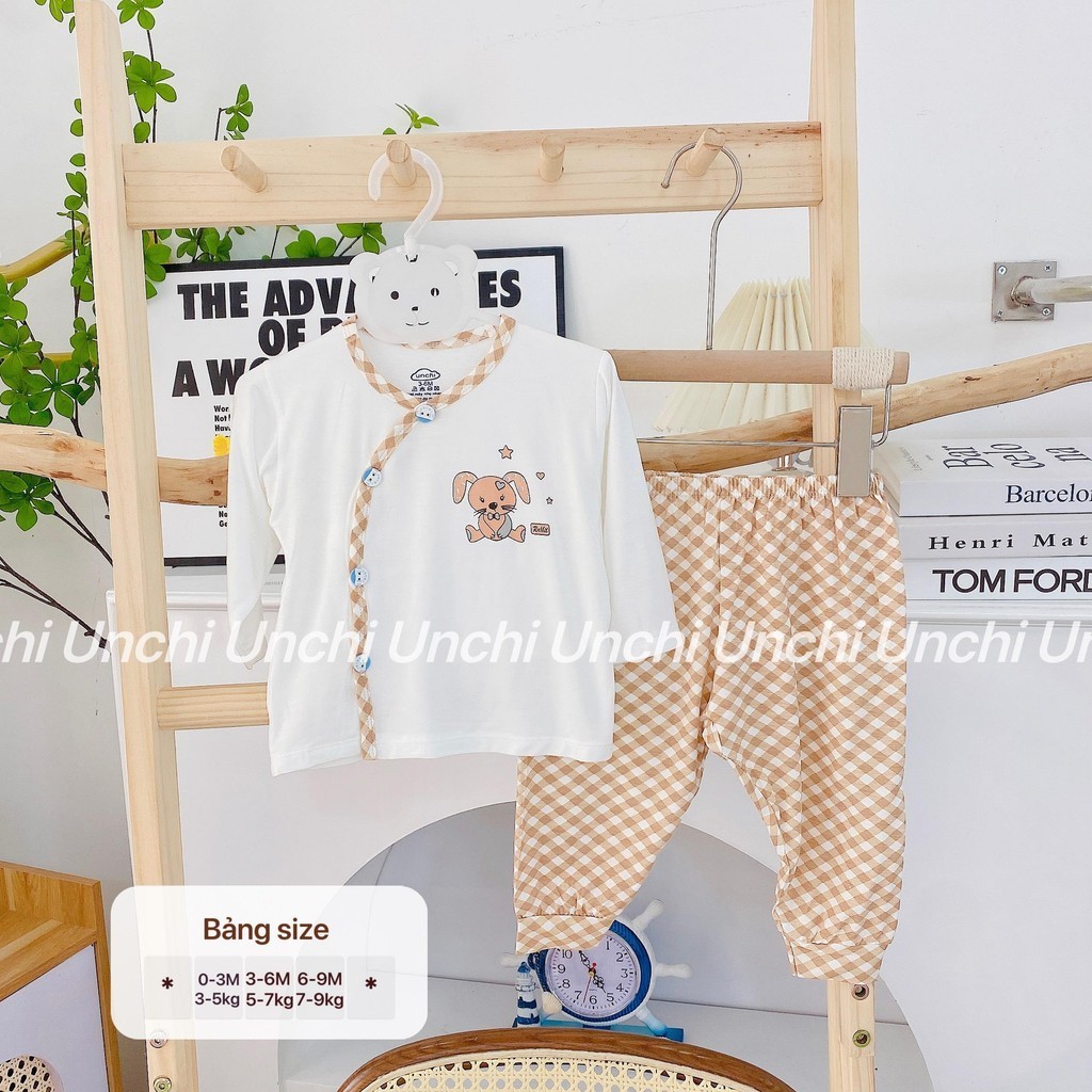 [UNCHI] Bộ dài sơ sinh pettit thiết kế viền chéo kẻ phối quần đáp đũng cho bé từ 4 tới 10kg nhiều màu lựa chọn - HD24