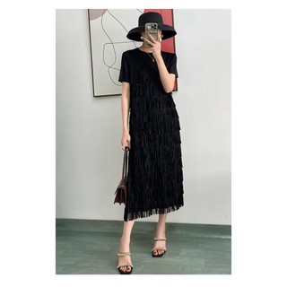 Miyake Mùa hè xếp ly cao cấp Phong cách nổi tiếng Slim-fit Tua rua khí chất màu trơn