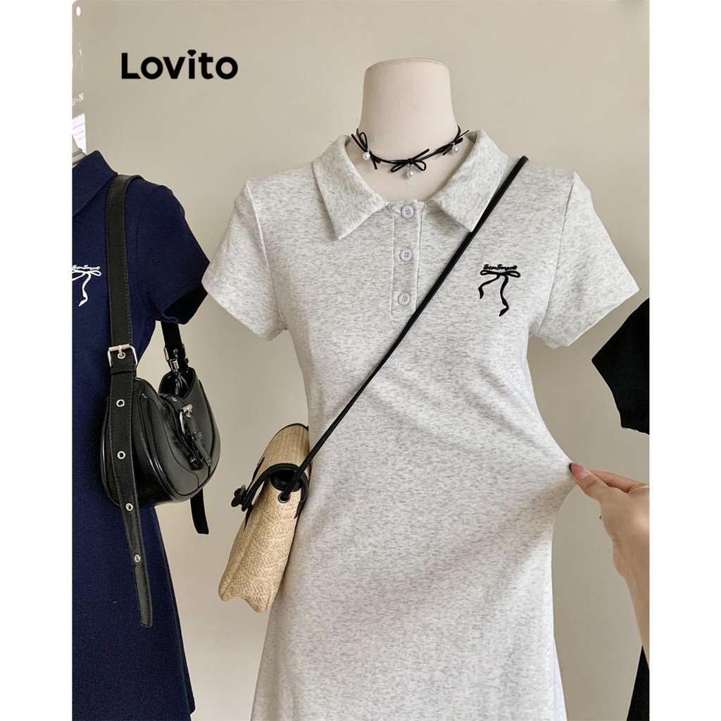 Ảnh Đầm Lovito phối nơ màu trơn phong cách thường ngày cho nữ LNM68129 2