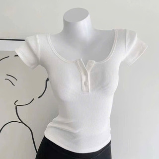 Áo Thun Tay Ngắn Cúc Cài Kiểu Babytee Croptop Chất Tăm