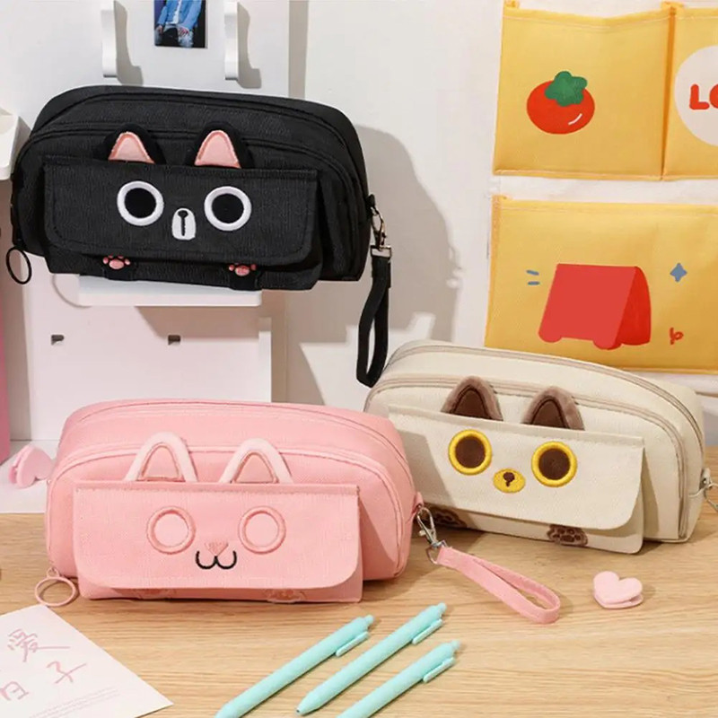 Mèo Dễ Thương 4 Lớp Dung Tích Lớn Hộp Đựng Bút Chì Thêu Mèo Túi Đựng Văn Phòng Phẩm Túi Bảo Quản Đồ Dùng Học Tập