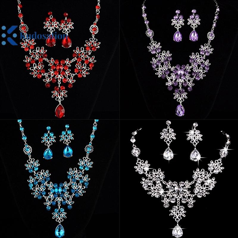 Kudosation Tiệc Cưới Vòng Cổ Bông Tai Bộ Hoa Giọt Nước Vòng Cổ Cô Dâu Cưới Trang Sức Phụ Kiện