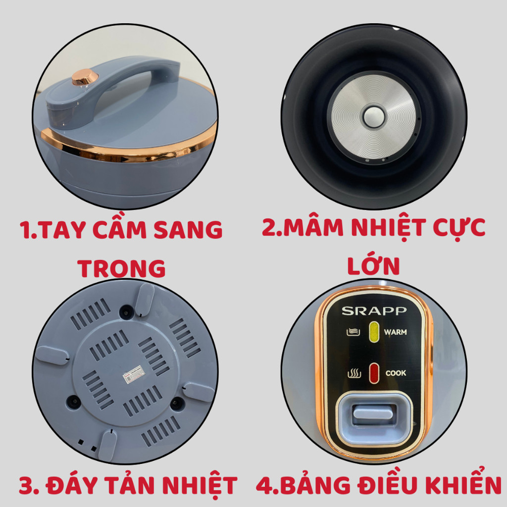 Nồi cơm điện SRAPP dung tích 1.2L-1.8L, nồi cơm thế hệ mới thiết kế sang trọng, chống dính cực tốt