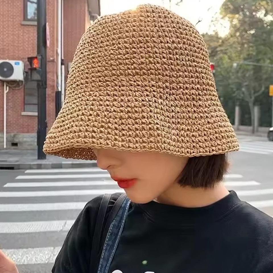 Mũ Rơm Dệt Hàn Quốc - Mũ Chống Nắng Ngoài Trời Rỗng - Thoáng Khí, Nhẹ, Có Thể Gập Lại - Phù Hợp Thường Ngày Mùa Hè - Show Face Small - Mũ Ngư Dân Bé Gái