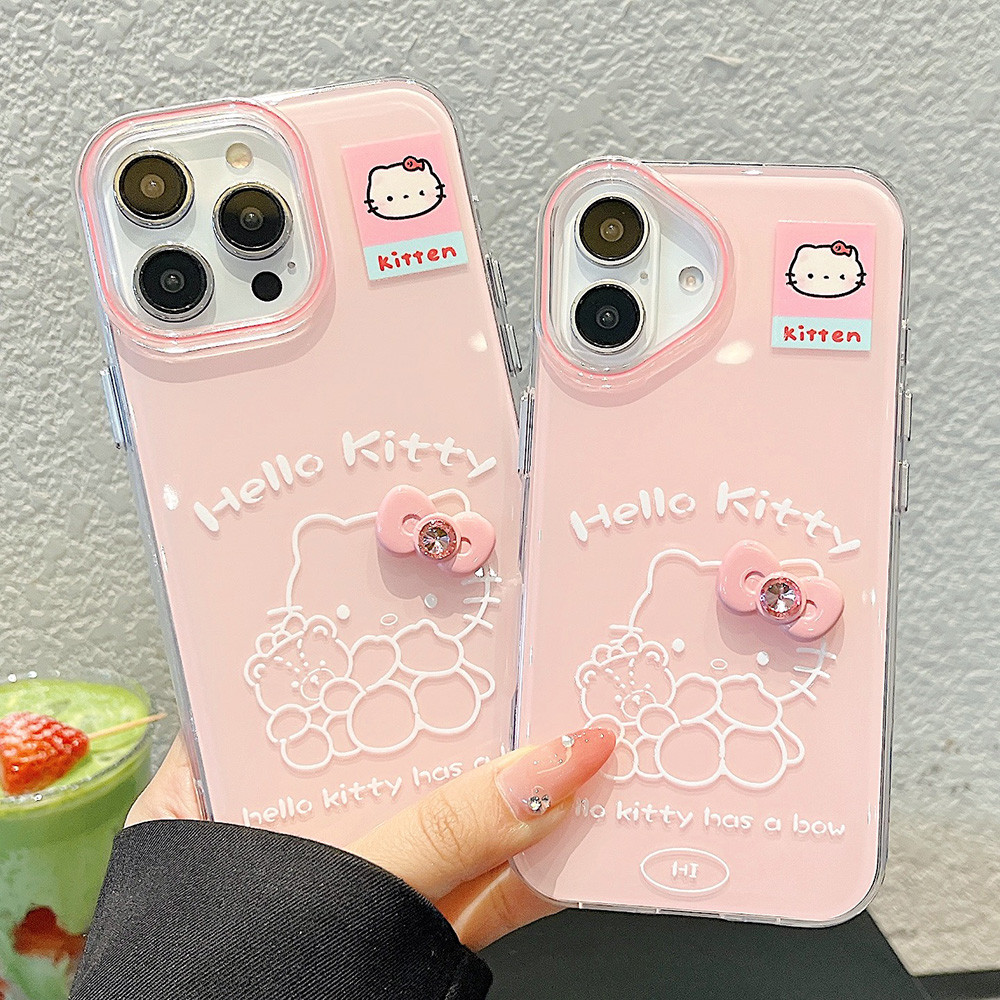 Ốp Điện Thoại Acrylic Nơ Màu Hồng Cat Cho iPhone 17 Pro Max 16 Plus 15 14 13 Pro Max Thạch Chống Sốc IMD Bảo Vệ Vỏ