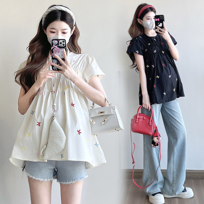 Trang phục bà bầu mùa hè Mới đầy màu sắc thêu nơ áo sơ mi bé tay ngắn