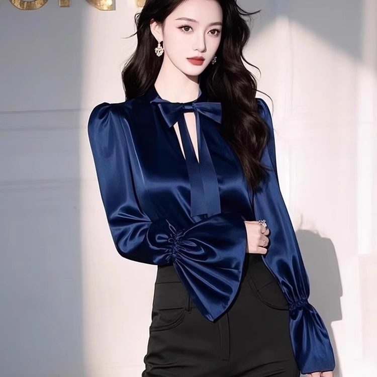 ✨Thời Trang Pháp Ren Nơ Rỗng Màu Trơn Áo Sơ Mi 2025 Đầu Xuân Xếp Ly Dài Tay Ôm-Fit Top Nữ 25.3.26