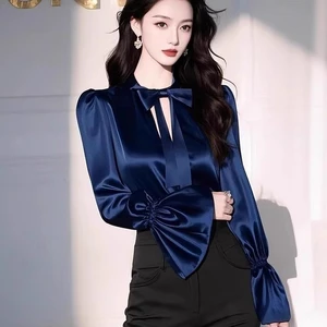✨Thời Trang Pháp Ren Nơ Rỗng Màu Trơn Áo Sơ Mi 2025 Đầu Xuân Xếp Ly Dài Tay Ôm-Fit Top Nữ 25.3.26