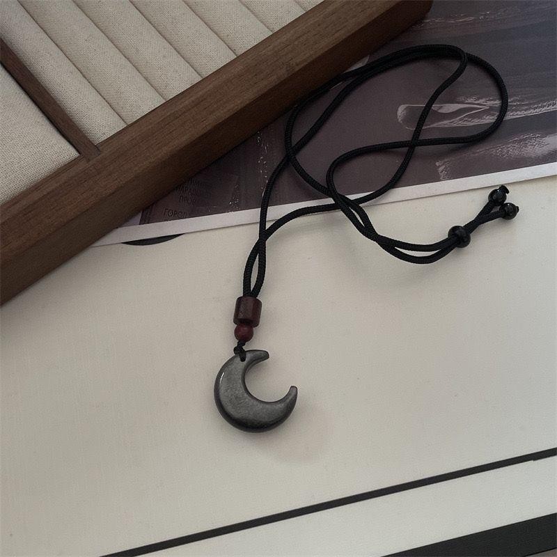 Mặt dây chuyền mặt trăng Obsidian tự nhiên Vòng cổ cặp đôi ngôi sao