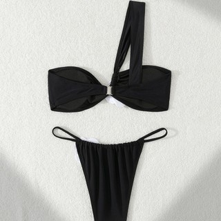 Đồ Bơi Nữ Chém Vai Đen Trắng Hoa Cao Cắt Hai Mảnh Bikini Đồ Bơi
