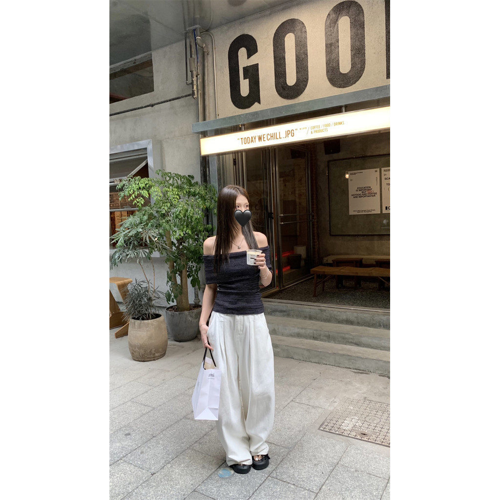 Suxi Gợi Cảm Tắt Vai Thời Trang Crop Top Đơn Giản Retro Sọc Áo Thun Nữ Tay Ngắn 240416