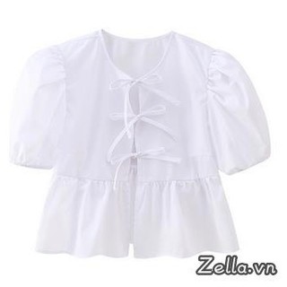 Áo thun nữ mùa hè phong cách ngọt ngào Áo thun ngắn tay cổ tròn buộc dây phía trước Peplum Áo dạo