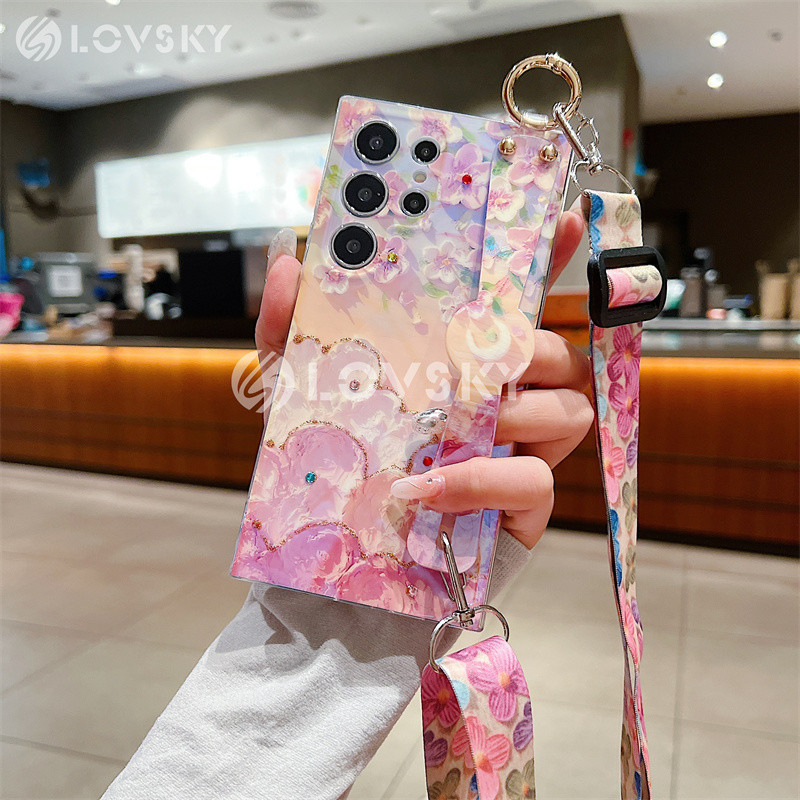 Ốp Lưng Dành Cho Samsung Galaxy S24 S23 UItra S22 S21 Plus S23 S20 S21 FE Tranh Sơn Dầu Kim Cương Hoa Giá Đỡ Điện Thoại Có Dây Đeo Ngang Lấp Lánh Bao