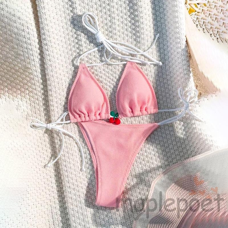 Maplepoet-bộ đồ bơi 2 mảnh dành cho nữ Áo ngực và quần lót dây rút có đệm anh đào dễ thương cho đồ đi biển mùa hè bộ bikini gợi cảm