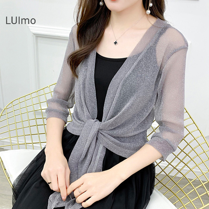 Luimo Áo khoác sành điệu Cardigan nửa tay phía trước Áo khoác buộc dây nữ Áo khoác ngắn mỏng SBS