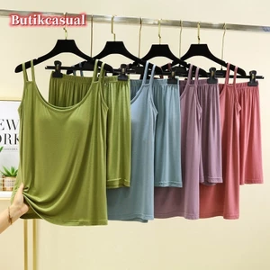 Phụ Nữ Modal Đệm Ngực 2 Bộ Đồng Bằng Rời Bộ Đồ Ngủ Thường Ngày Treo Áo vest Áo Quần Short Bộ