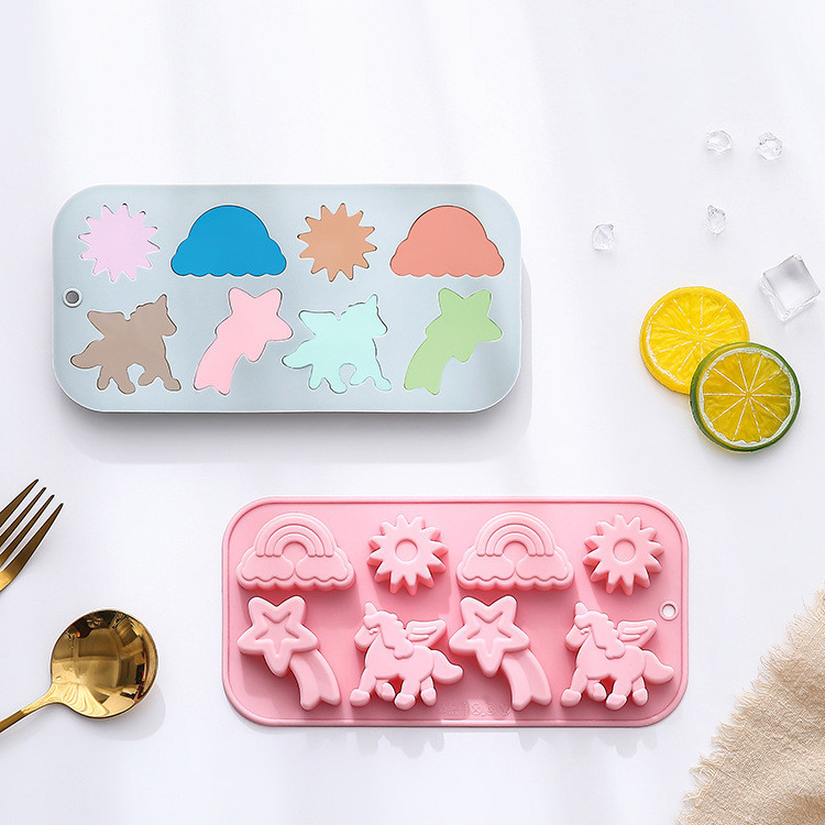 8 Khoang Hoạt Hình Kỳ Lân Cầu Vồng Sao Băng Hình Mặt Trời Khuôn Silicon Bánh Mousse Món Tráng Miệng Khuôn Socola Thơm Thạch Cao Xà Phòng Handmade Khuôn DIY Dụng Cụ Nướng Bánh & -- &