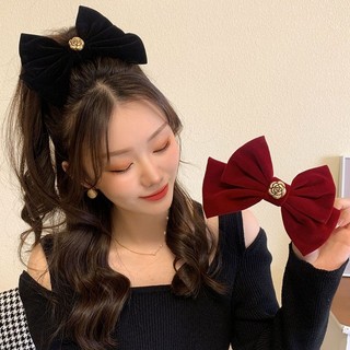 Kẹp Tóc Nơ Vải Nhung Họa Tiết Hoa Trà Phong Cách vintage Thời Trang Cho Nữ